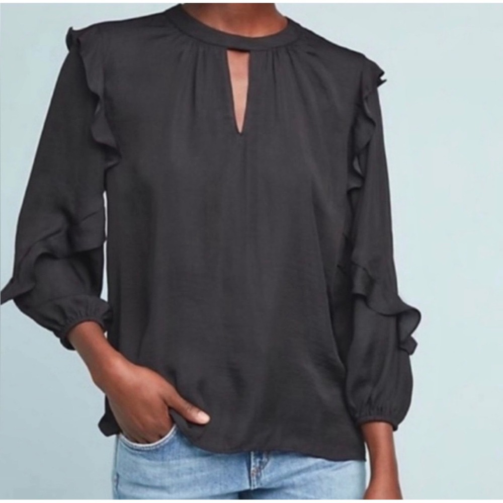 Dolan‎ Left Coast Top Blouse Ruffle Sleeve Keyhole Neck Black Medium